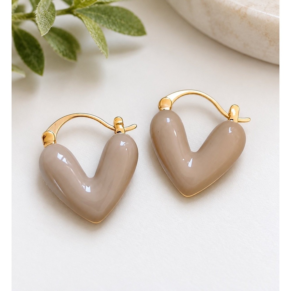 Adorable Coffee Brown HEART Hoop Earrings Gold Tone Trendy Jewelry Cute for Fall